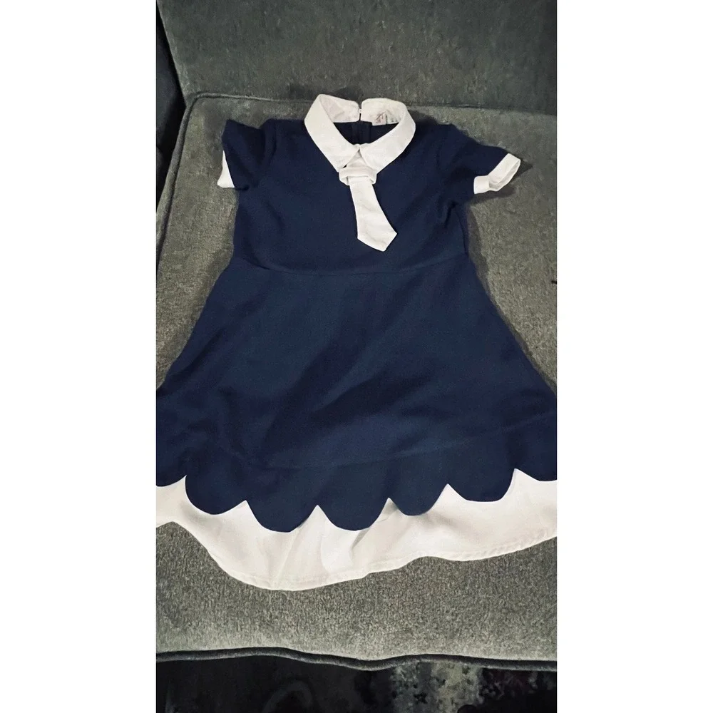 Sunny Fashion Sailor Dress Kids Size 6 Navy Blue Scalloped Hem Tie Detail